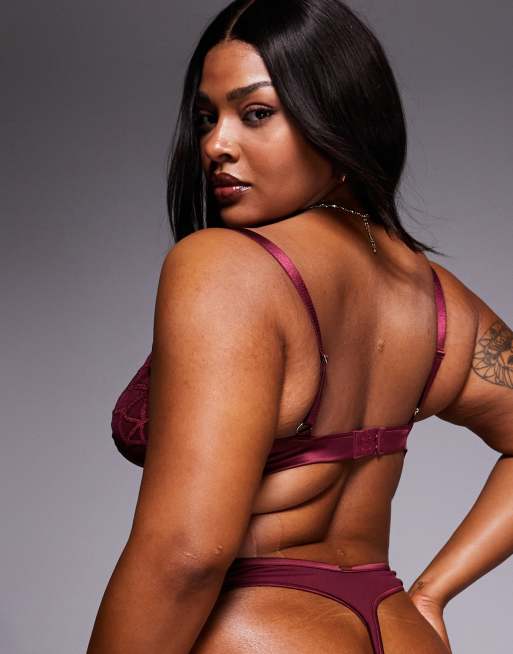 ASOS DESIGN Curve Simone premium fine embroidery triangle bra with satin binding in burgundy jewel, 4 of 4