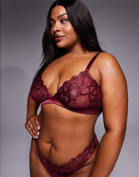 ASOS DESIGN Curve – Simone – Premium – Vinröd, finbroderad trekantsbehå i satin - view 1