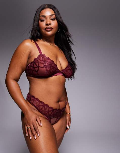 ASOS DESIGN Curve – Simone – Premium – Vinröda, finbroderade, klassiska stringtrosor med satinkanter - view 1