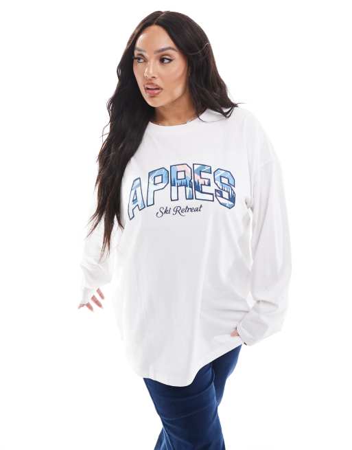ASOS DESIGN Curve - Skater T-shirt met lange mouwen en 'Apres' print in wit