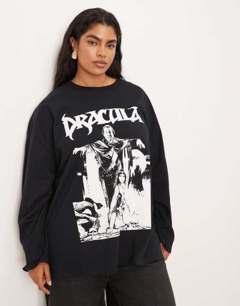 ASOS DESIGN Curve - Skater T-shirt met lange mouwen en gelicentieerde grafische Halloween Dracula-print in zwart - view 1