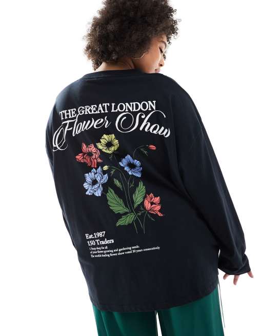 ASOS DESIGN Curve - Skatertop met lange mouwen en grafische bloemprint op de achterkant in zwart
