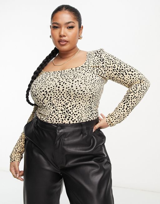 ASOS DESIGN skinny fit long sleeve bodysuit in mini leopard print