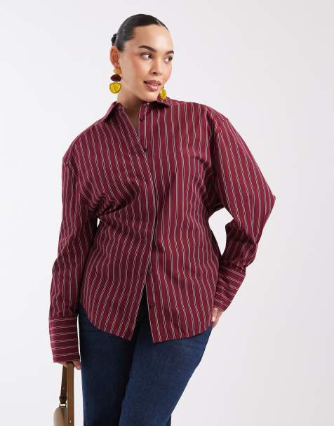 ASOS DESIGN Curve skjorta med markerad midja i vinröd rand - view 1