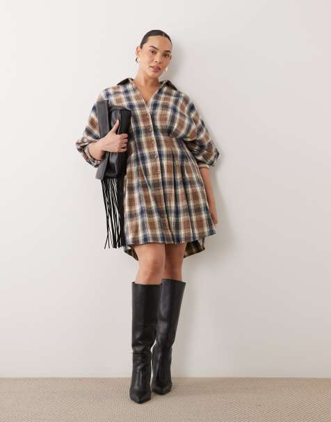 ASOS DESIGN Curve skjortekjole i minilængde med indsnøret talje i blå og tan tern - view 1