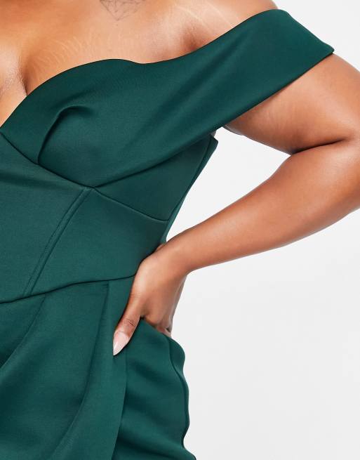 ASOS DESIGN Curve – Skogsgrön midiklänning med omlottkjol och korsett i off shoulder-modell, 3 av 4