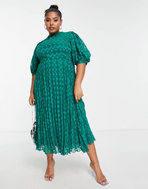 ASOS DESIGN Curve – Skogsgrön plisserad midiklänning i dobbytyg med hög krage, puffärm och sicksackmönster , 4 av 4