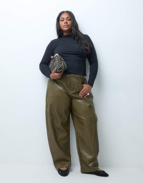 ASOS DESIGN Curve skræddersyede barrel-bukser i imiteret læder i khaki - view 1