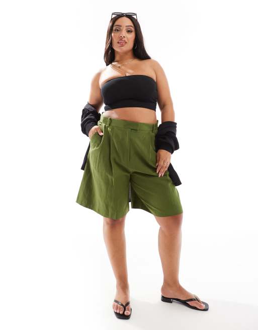 ASOS DESIGN Curve - Skræddersyede og lange olivengrønne shorts i hørlook med høj talje