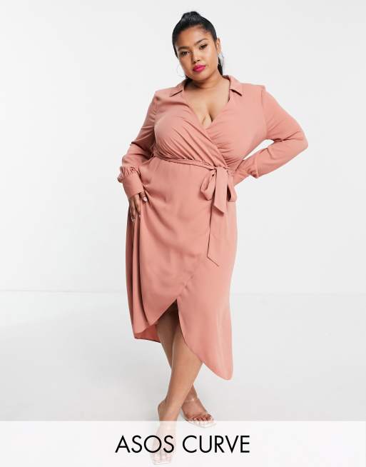 ASOS DESIGN Curve - Slå-om-midikjole med krave og bælte i terrakottarød