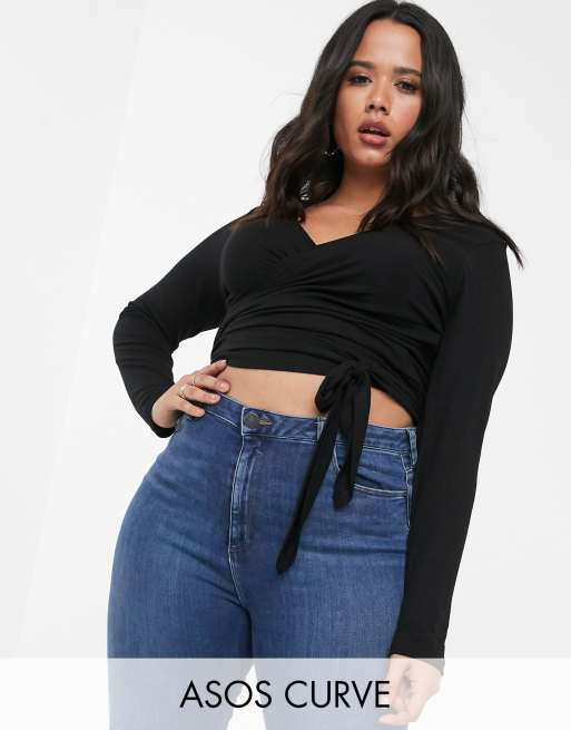 ASOS DESIGN Curve - Slå-om-top i ribstof med lange ærmer