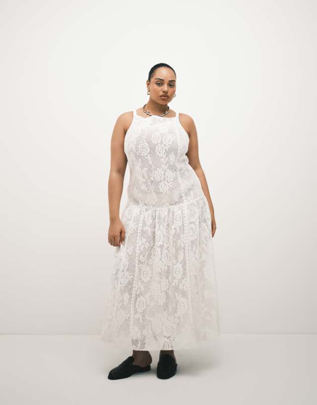 ASOS DESIGN Curve slash neck all over lace midi dress in ivory