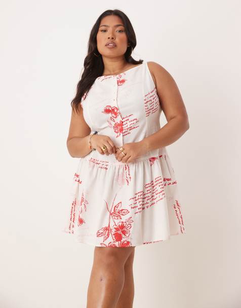 ASOS DESIGN Curve slash neck button down dropped waist mini dress in red floral print - view 1