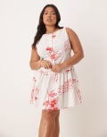 [ASOS Curve] ASOS DESIGN Curve slash neck button down dropped waist mini dress in red floral print-Multi 22 Red Floral Print