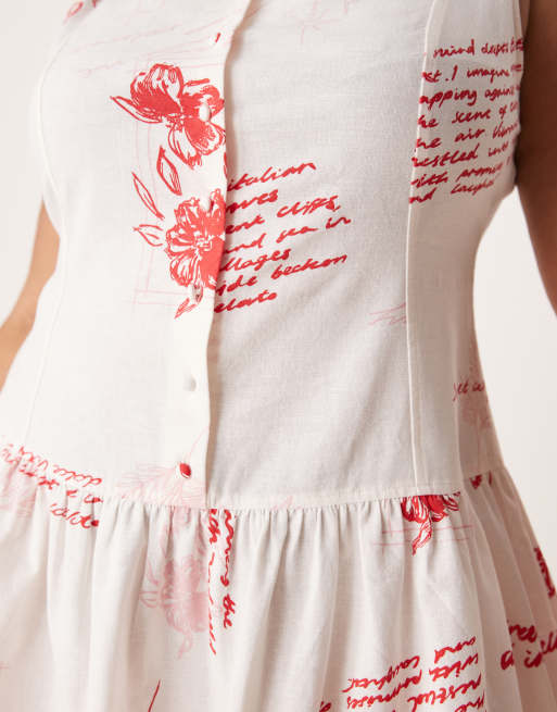 ASOS DESIGN Curve slash neck button down dropped waist mini dress in red floral print, 3 of 4