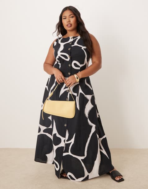 ASOS DESIGN Curve slash neck button down vest maxi dress in black abstract print - view 1