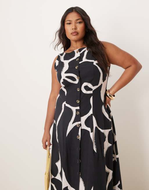 ASOS DESIGN Curve slash neck button down vest maxi dress in black abstract print