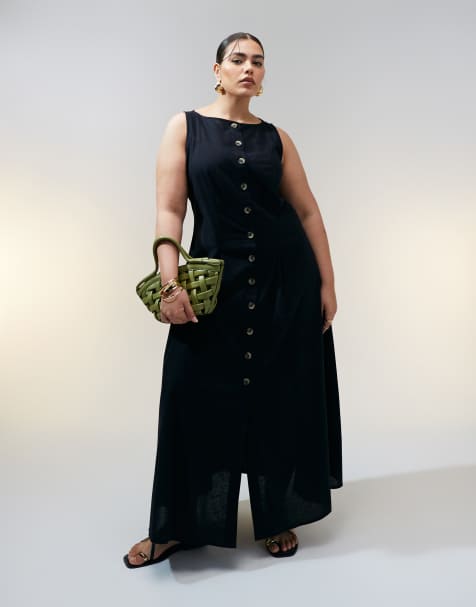 ASOS DESIGN Curve slash neck button down vest maxi dress in black - view 1