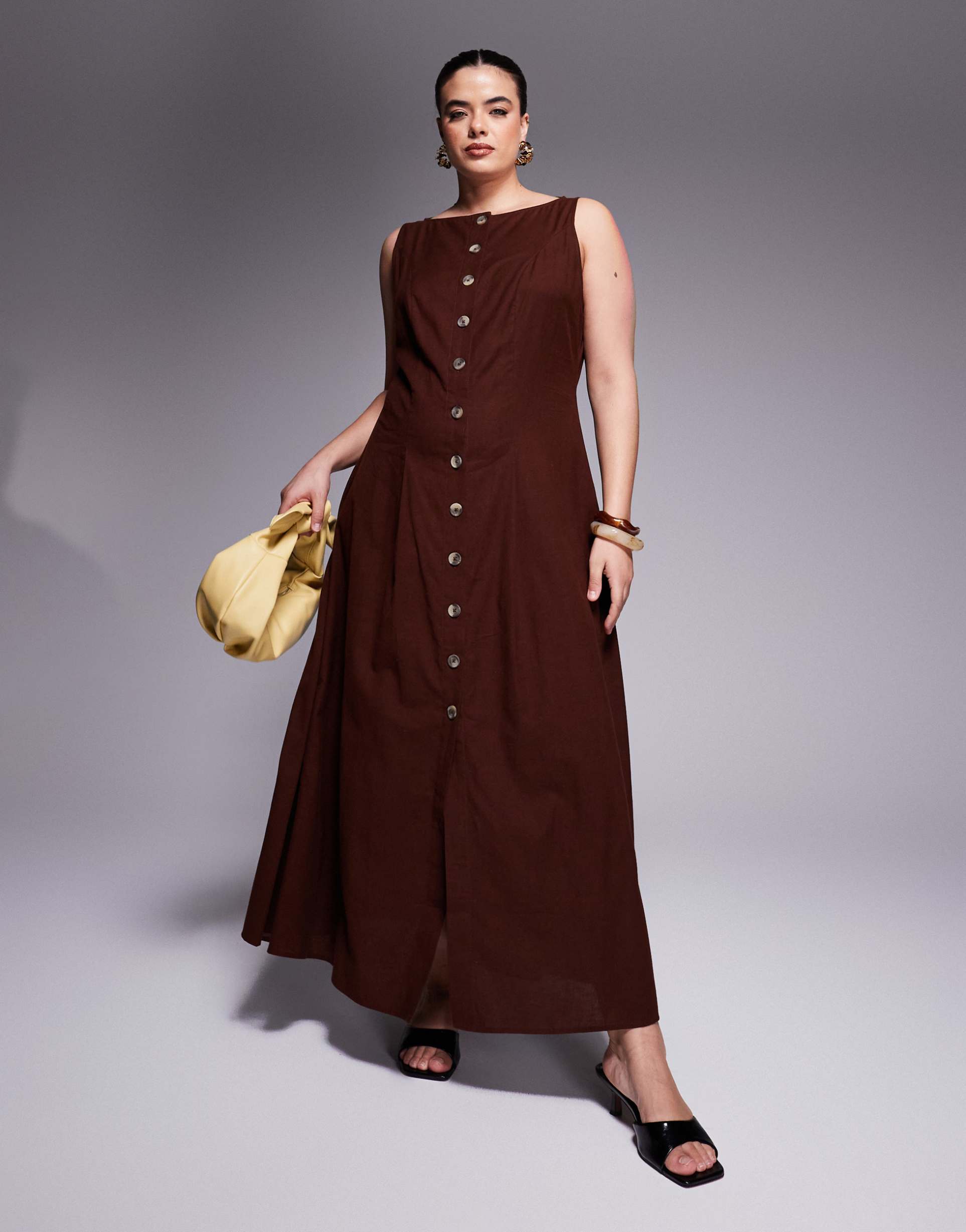 asos design curve slash neck button down vest maxi dress in chocolate