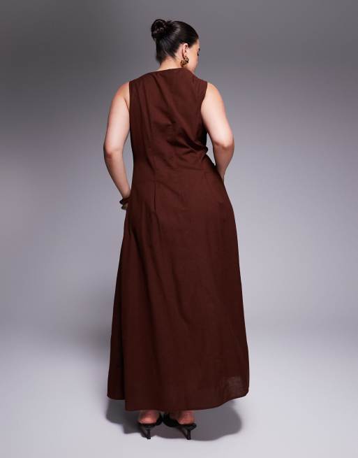 ASOS DESIGN Curve slash neck button down vest maxi dress in chocolate