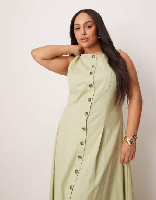 ASOS DESIGN Curve slash neck button down vest maxi dress in sage