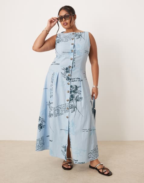 ASOS DESIGN Curve slash neck button down vest midi dress in blue floral print - view 1