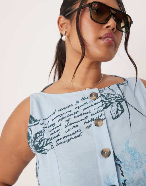 ASOS DESIGN Curve slash neck button down vest midi dress in blue floral print