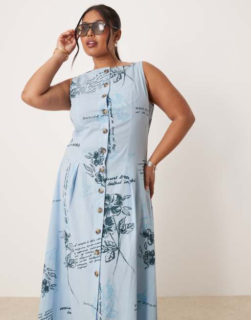ASOS DESIGN Curve slash neck button down vest midi dress in blue floral print
