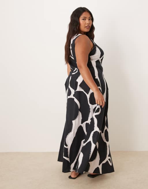 ASOS DESIGN Curve slash neck button down waistcoat maxi dress in black abstract print, 3 of 4