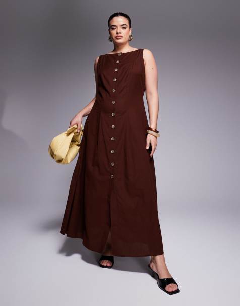 ASOS DESIGN Curve slash neck button down waistcoat maxi dress in chocolate - view 1