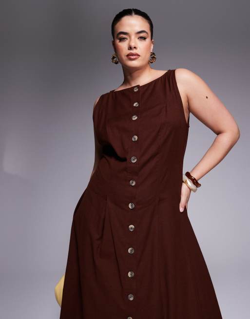 ASOS DESIGN Curve slash neck button down waistcoat maxi dress in chocolate, 2 of 4