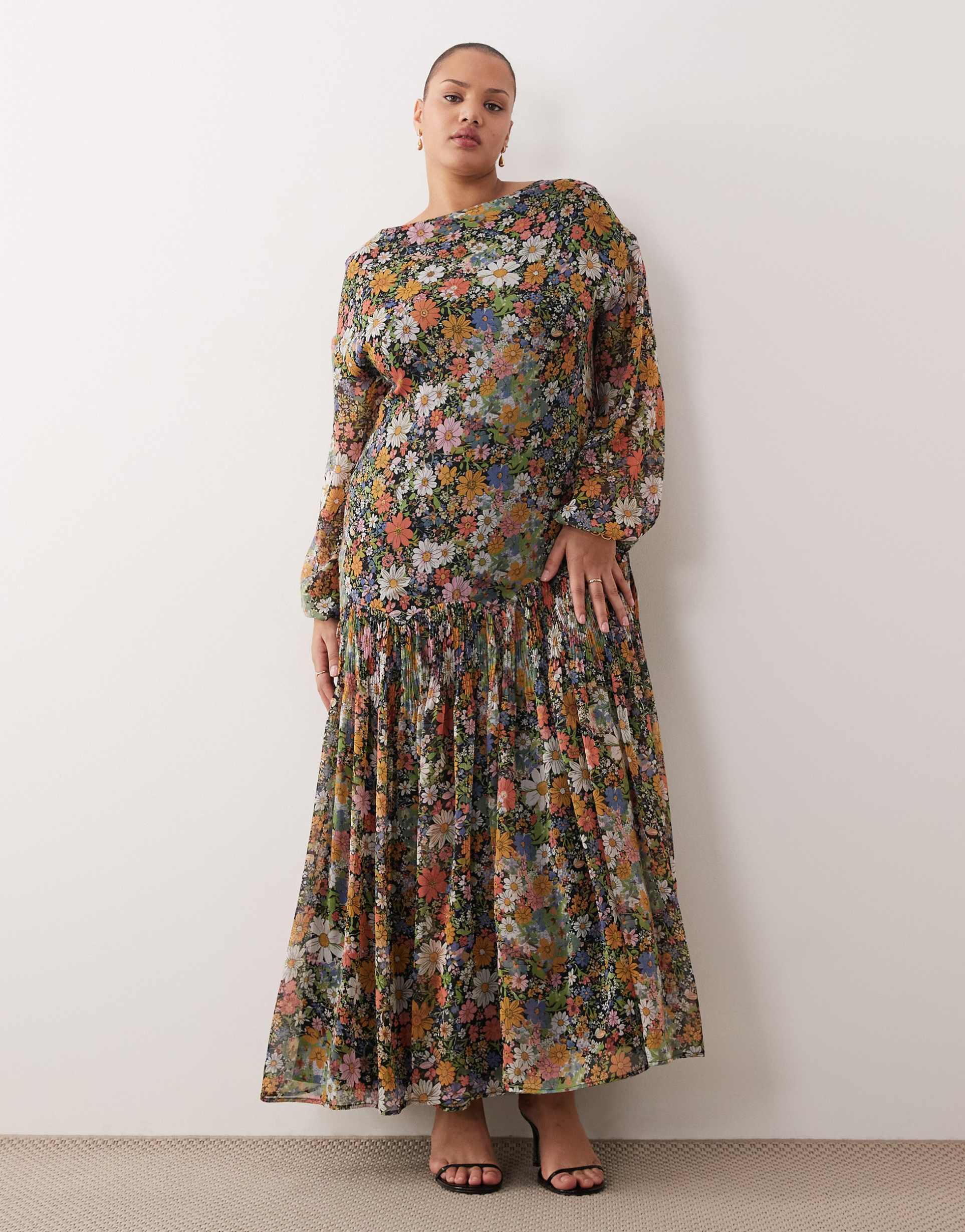 asos design curve slash neck chiffon godet maxi dress in black based floral