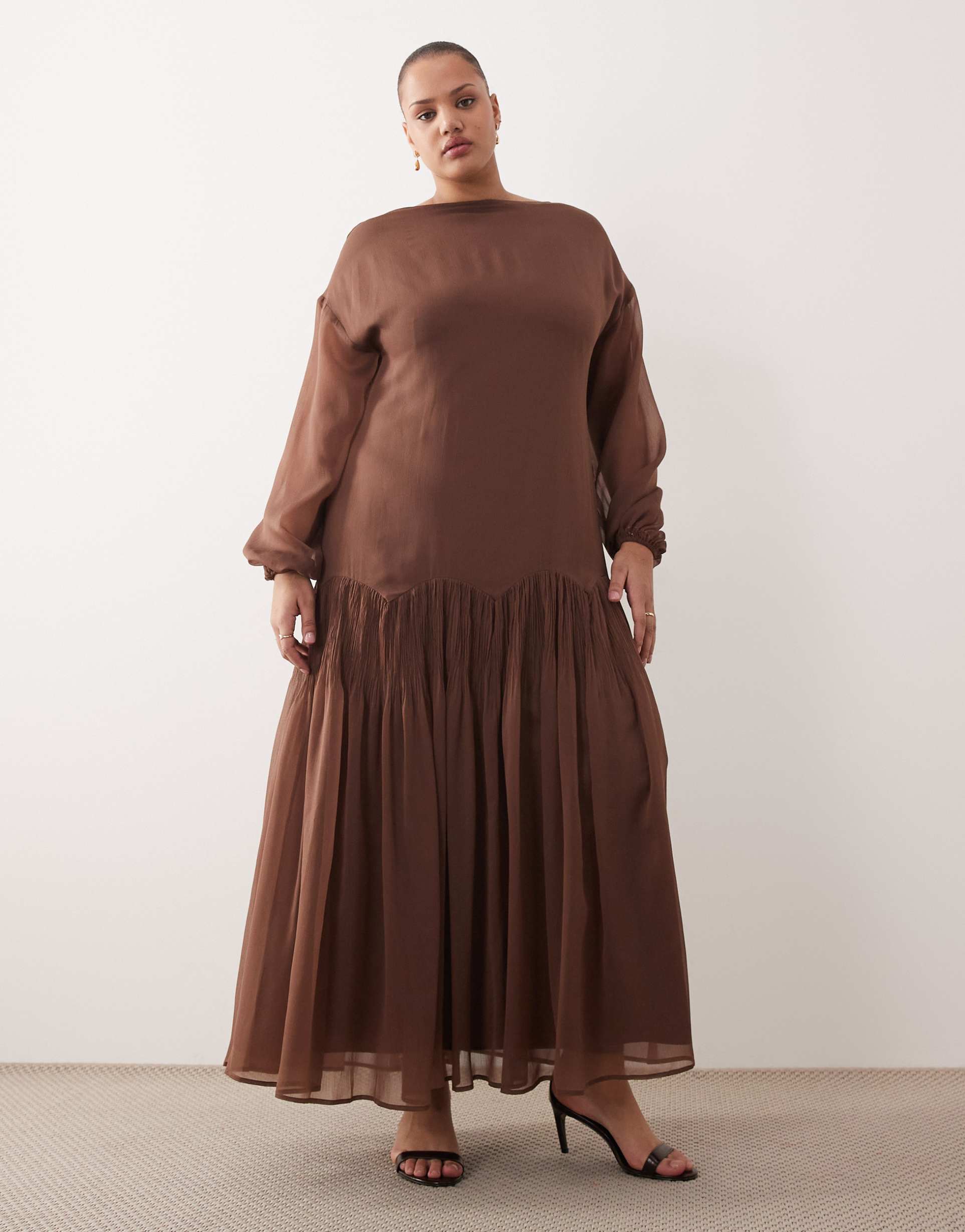 asos design curve slash neck chiffon godet maxi dress in chocolate