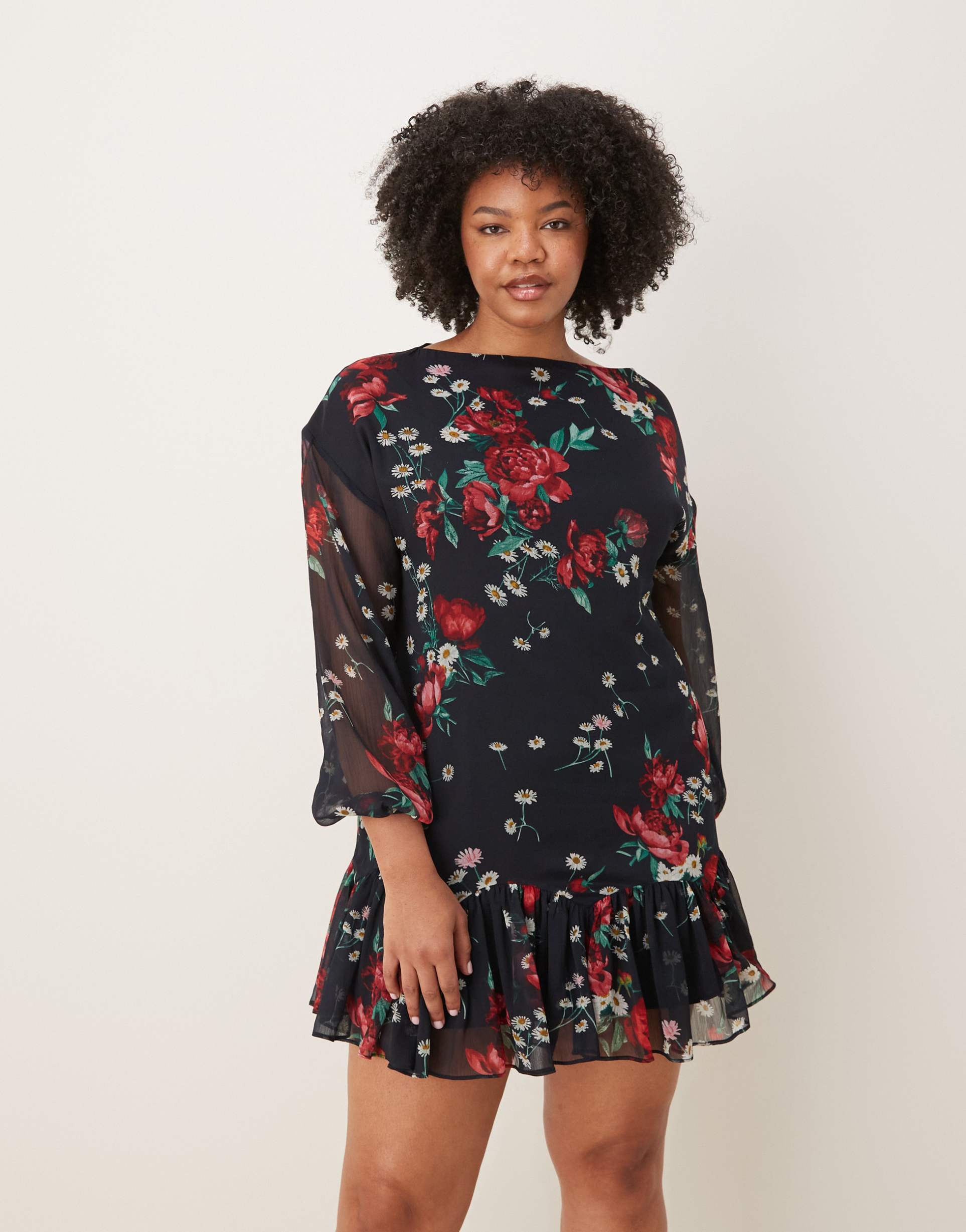 asos design curve slash neck chiffon godet mini dress in black red floral