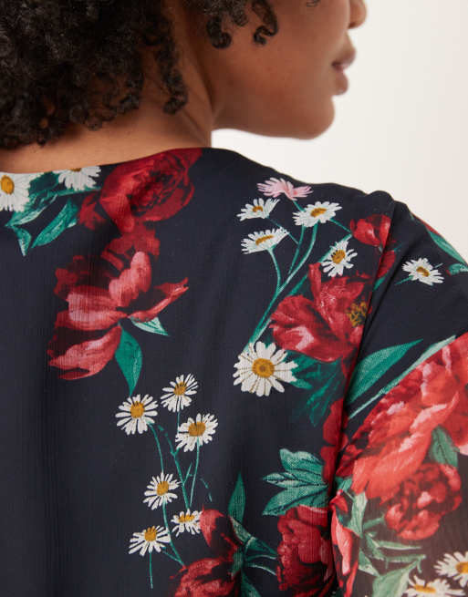 ASOS DESIGN Curve slash neck chiffon godet mini dress in black red floral, 4 of 4