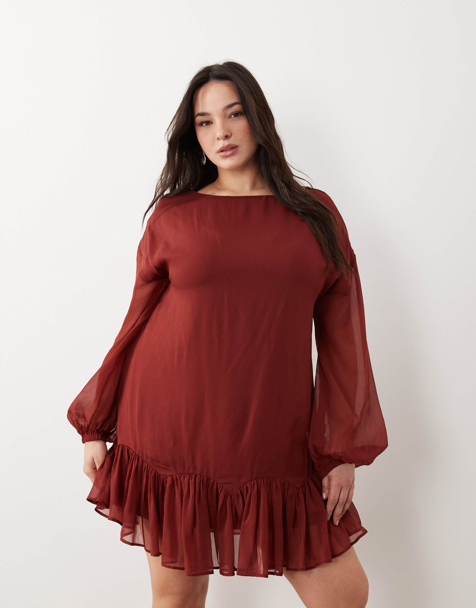 asos design curve slash neck chiffon godet mini dress in burgundy
