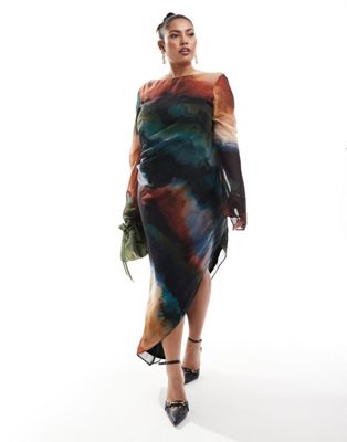 Asos Curve Asos Design Curve Slash Neck Chiffon Midi Dress With Asymmetric Trailing Hem In Marble Print-multi