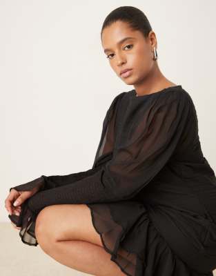 Asos Curve Asos Design Curve Slash Neck Dropped Waist Mini Dress With Shirred Sleeves In Black