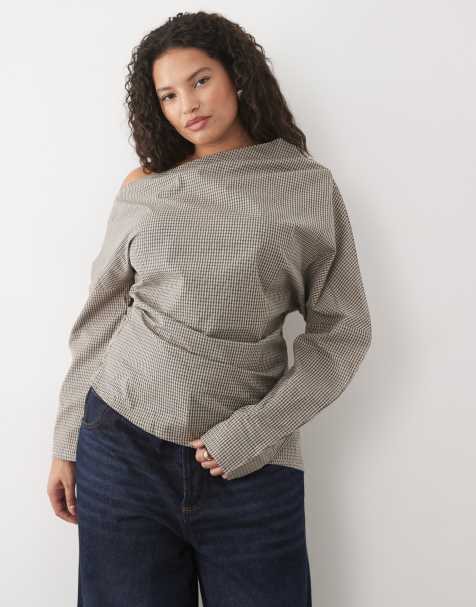 ASOS DESIGN Curve slash neck long sleeve top in check - view 1