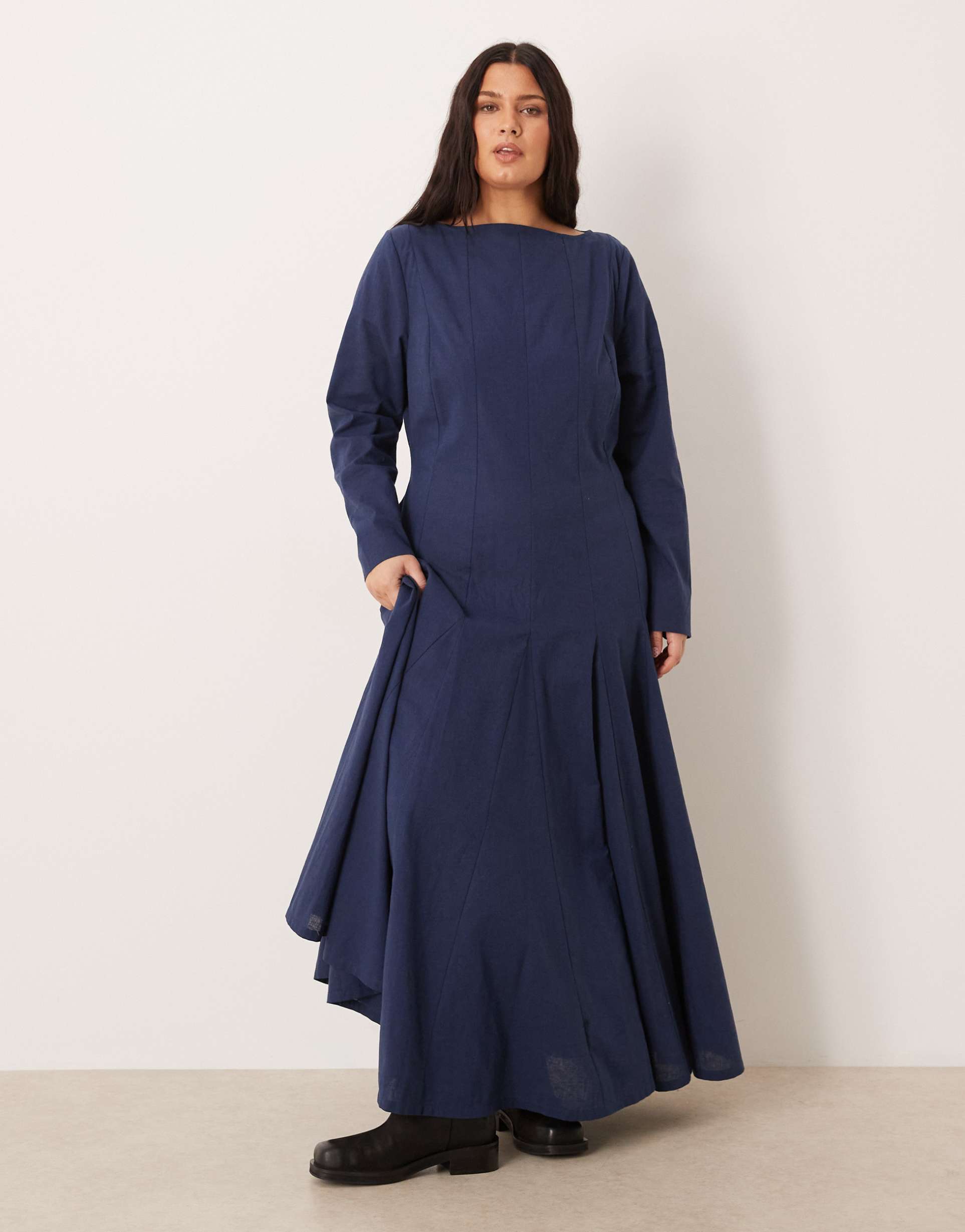 asos design curve slash neck maxi dress with full skirt in navy