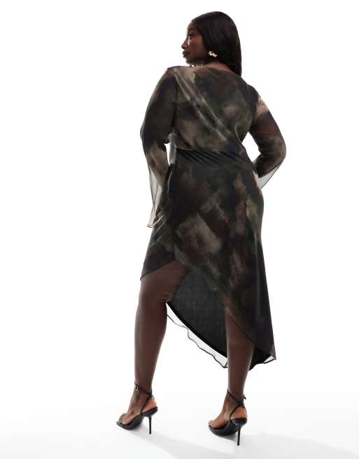 ASOS DESIGN Curve slash neck mini dress with asym hem in green print, 2 of 4
