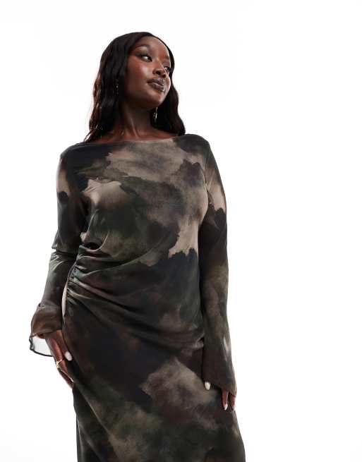 ASOS DESIGN Curve slash neck mini dress with asym hem in green print, 4 of 4