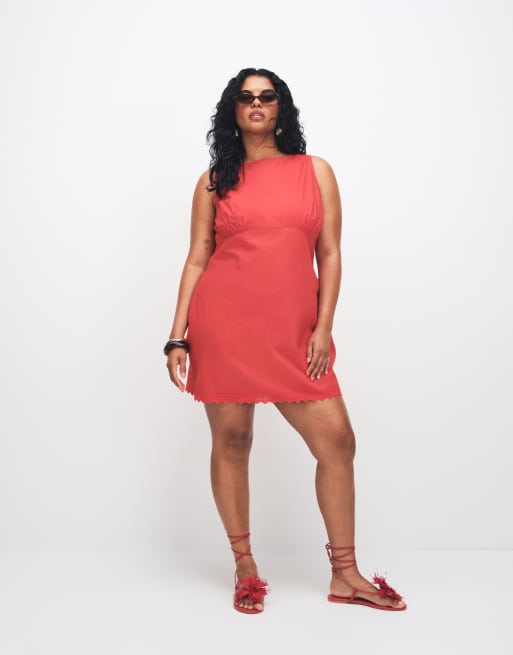 ASOS DESIGN Curve slash neck mini sundress with sculpted bust and broderie hem in tomato red - RED, 2 of 8