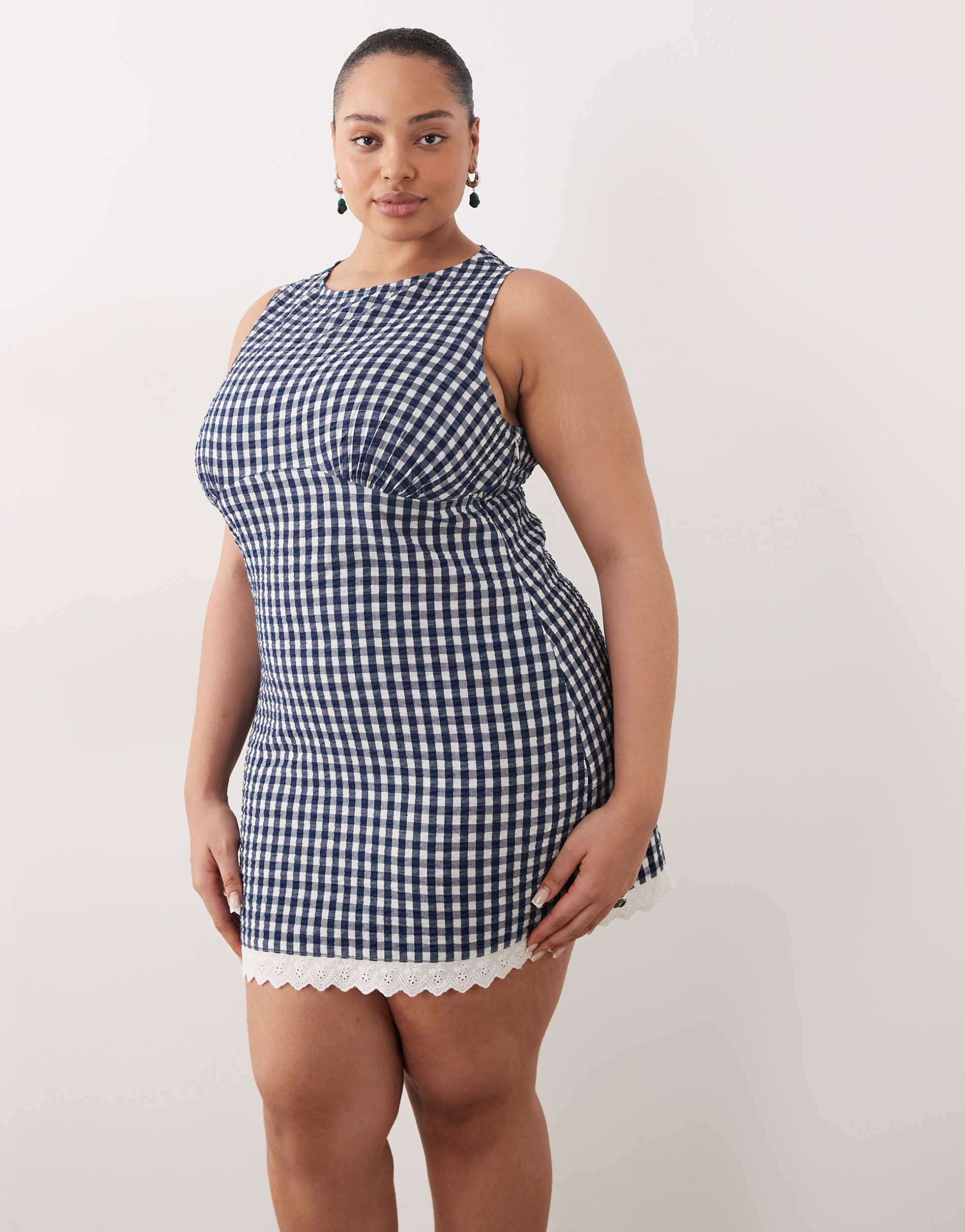 asos design curve slash neck mini sundress with sculpted bust and eyelet hem in navy gingham