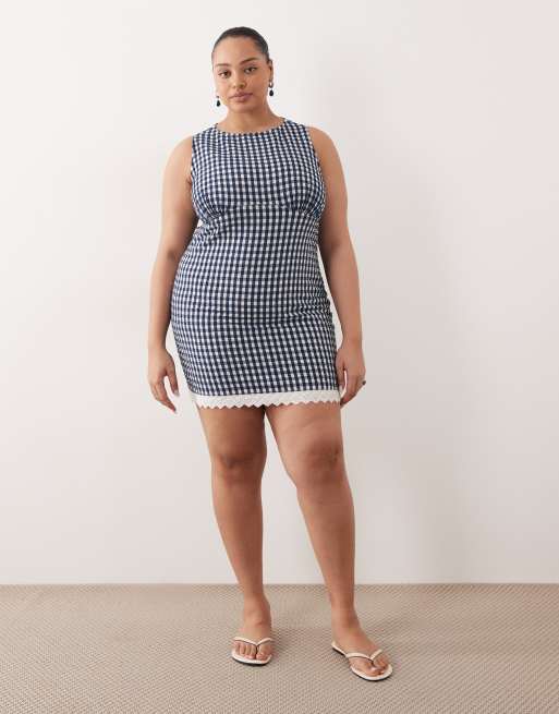 ASOS DESIGN Curve slash neck mini sundress with sculpted bust and eyelet hem in navy gingham , 3 of 4