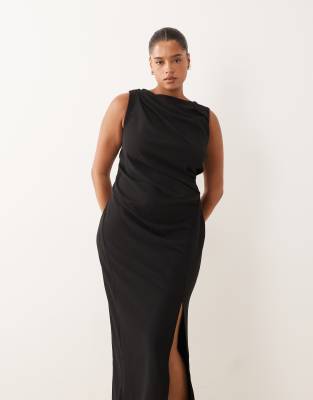 Asos Curve Asos Design Curve Slash Neck Ruched Midi Dress In Black