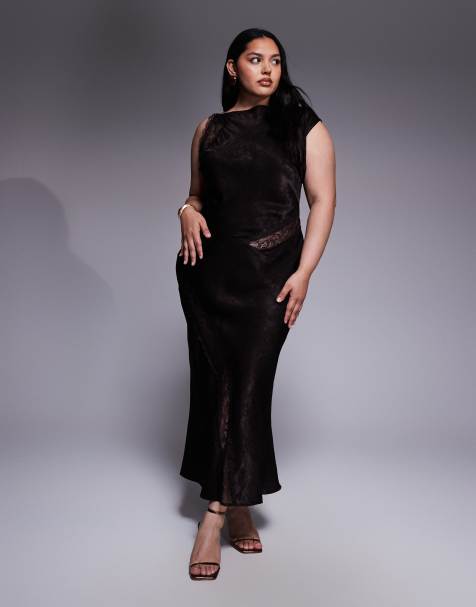 ASOS DESIGN Curve slash neck satin bias lace detail maxi dress in chocolate - view 1