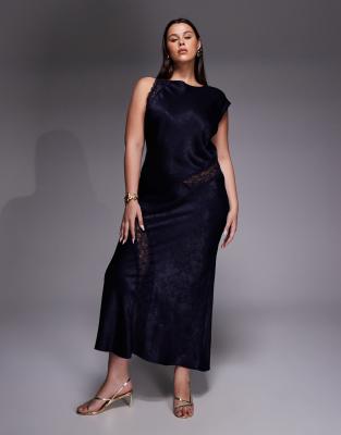 Asos Curve Asos Design Curve Slash Neck Satin Bias Lace Detail Maxi Dress In Blue