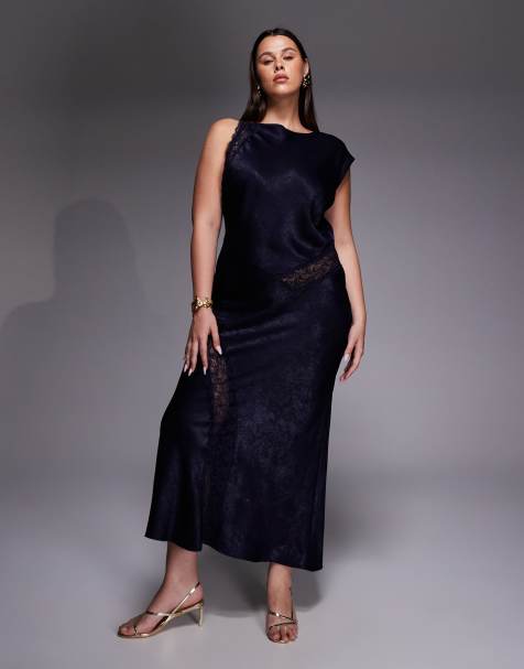 ASOS DESIGN Curve slash neck satin bias lace detail maxi dress in navy - view 1