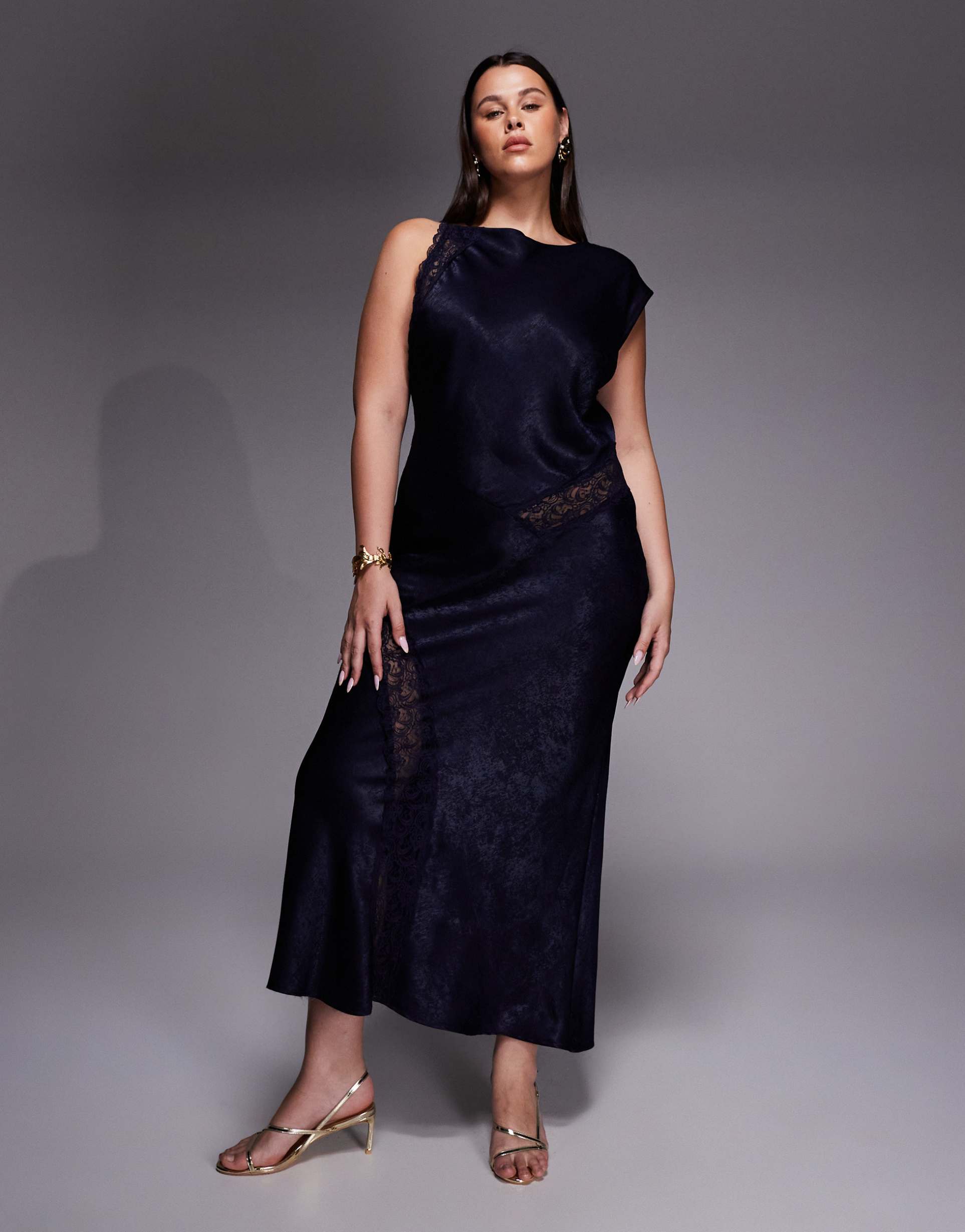 asos design curve slash neck satin bias lace detail maxi dress in navy